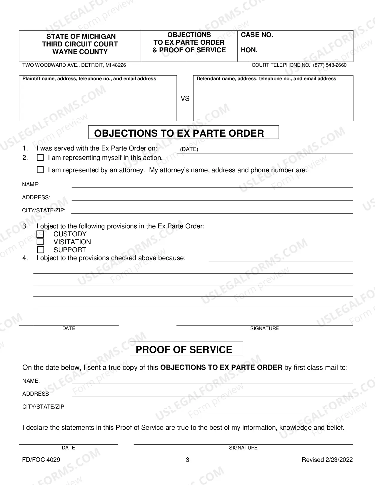 Preview Filing Objections To Ex Parte Order And Proof of Service Package