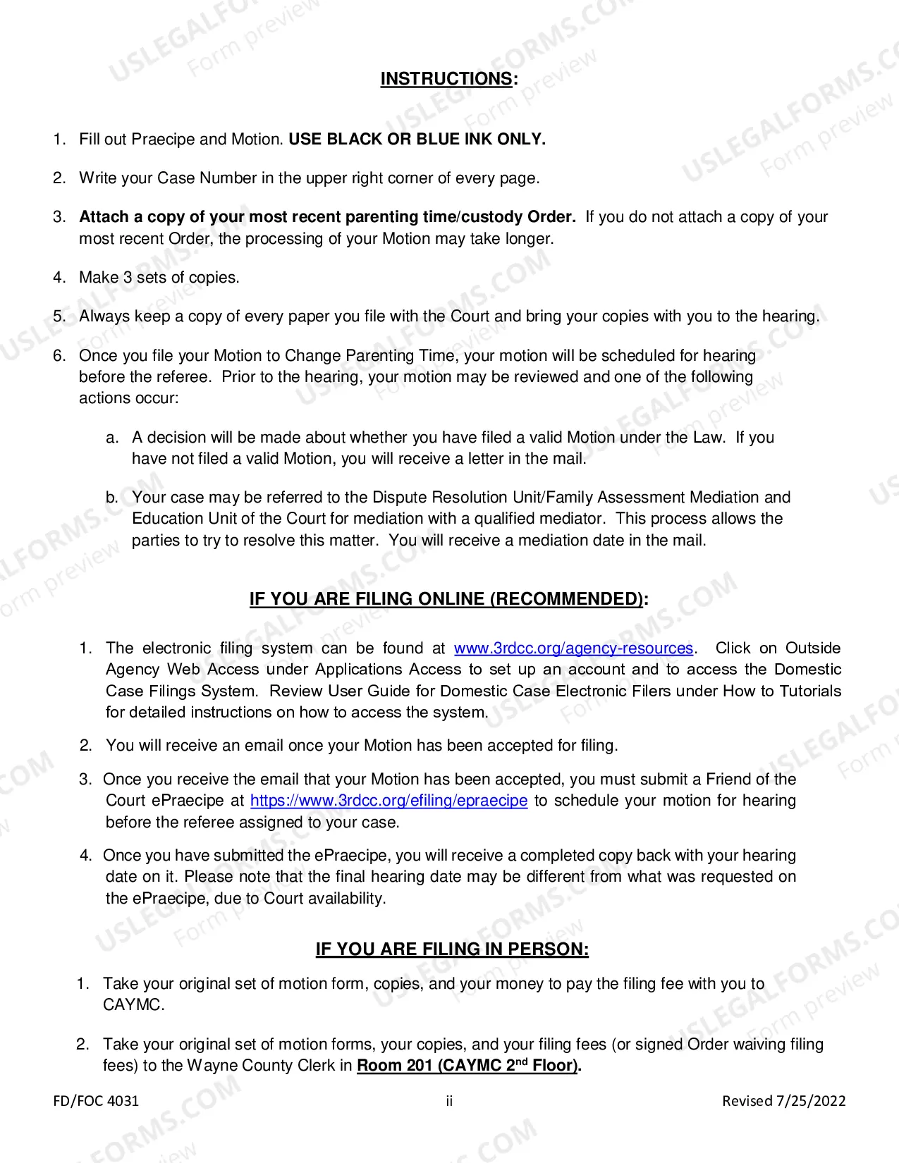 Preview Motion To Change Parenting Time Package