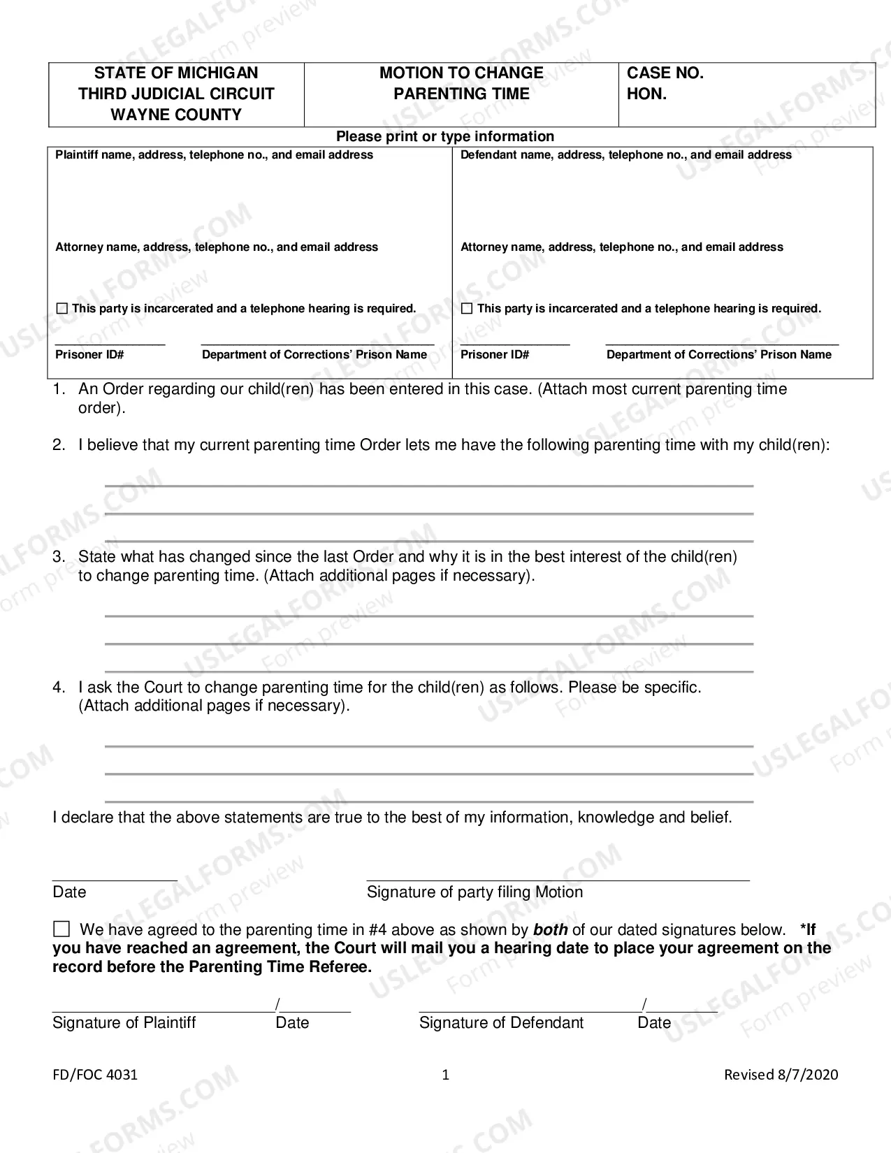 Preview Motion To Change Parenting Time Package
