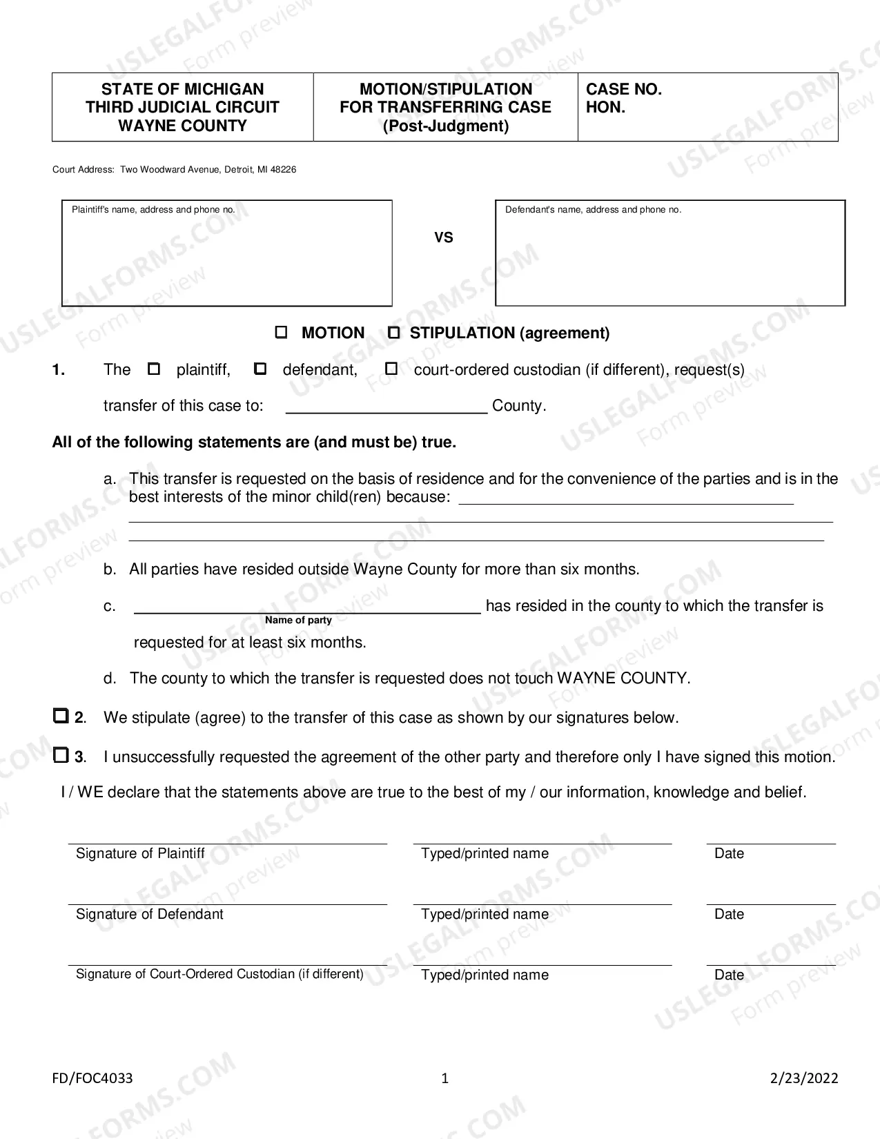 Preview Motion Or Stipulation For Transferring Case (Post-Judgment)