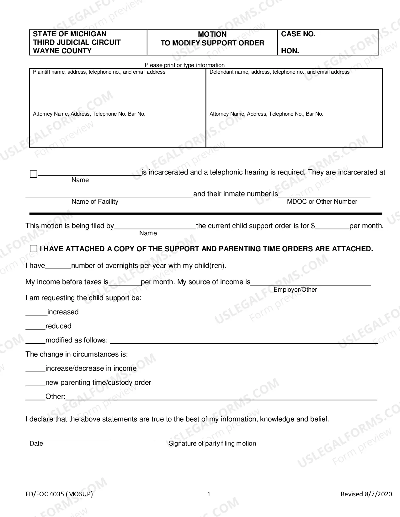 Preview Motion To Modify Support Order for incarcerated Person