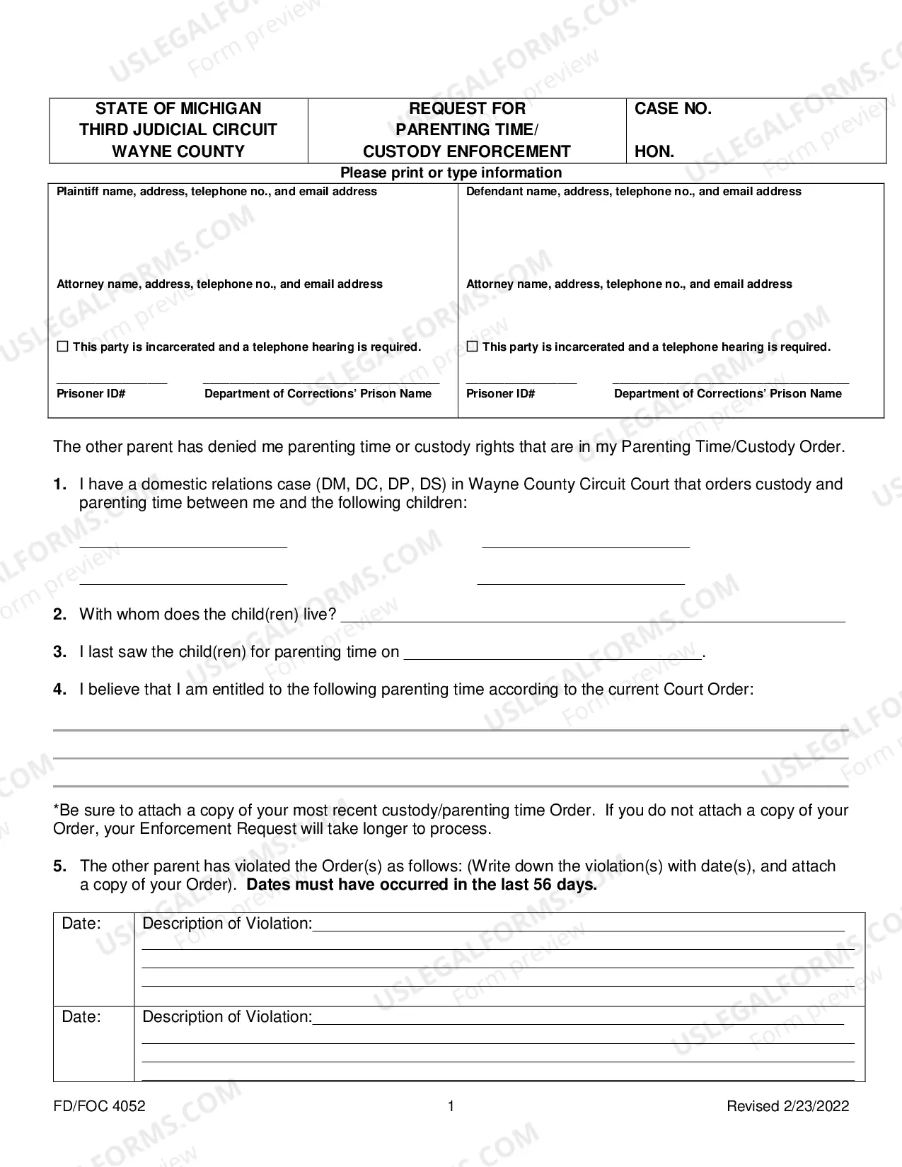 Preview Request For Custody And Parenting Time Order Enforcement Package