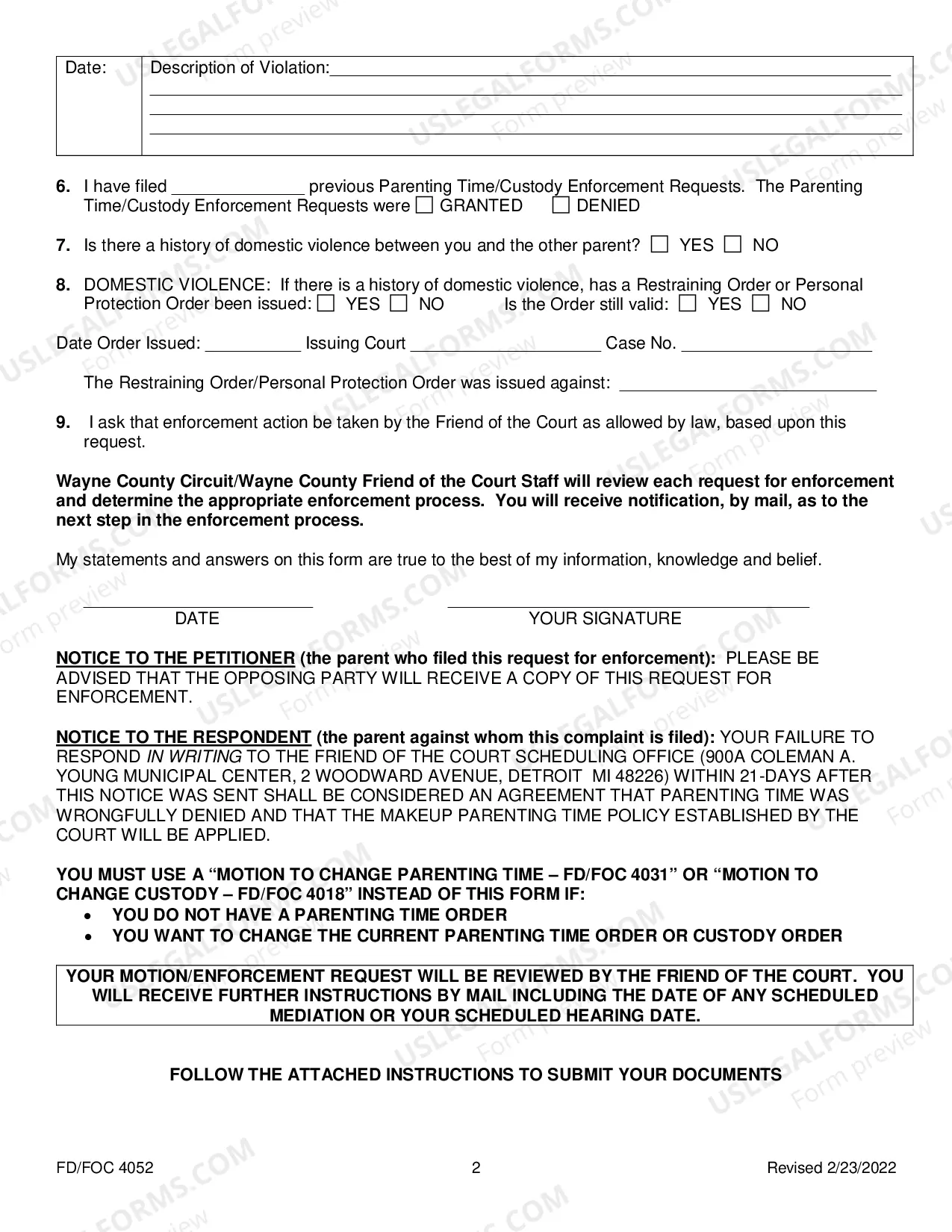 Preview Request For Custody And Parenting Time Order Enforcement Package