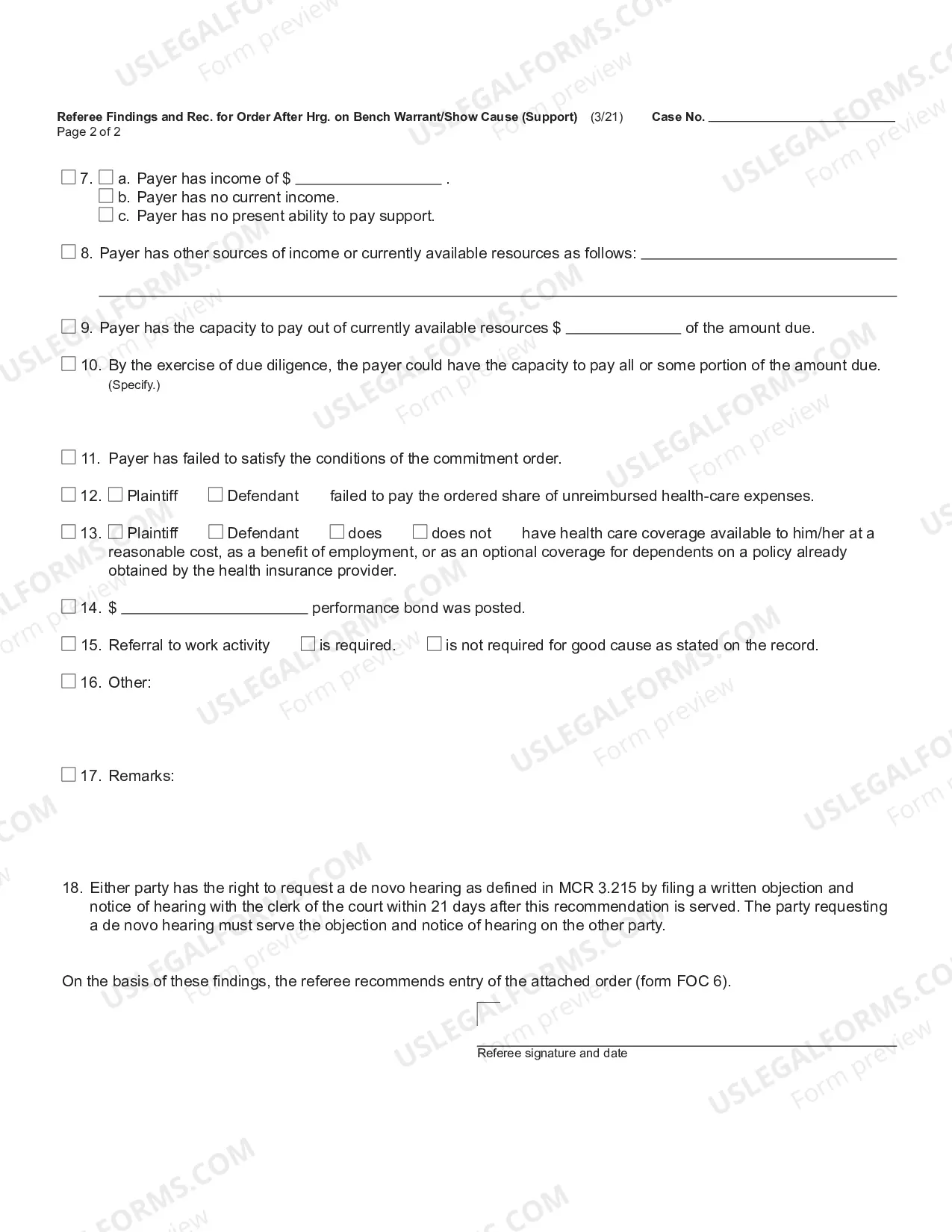 Preview Referee Findings and Recommendation for Order after Hearing on Bench Warrant/Show Cause (Support)
