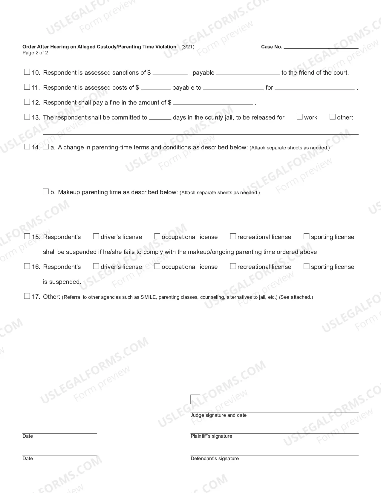 Preview Order After Hearing On Alleged Custody Parenting Time Violation