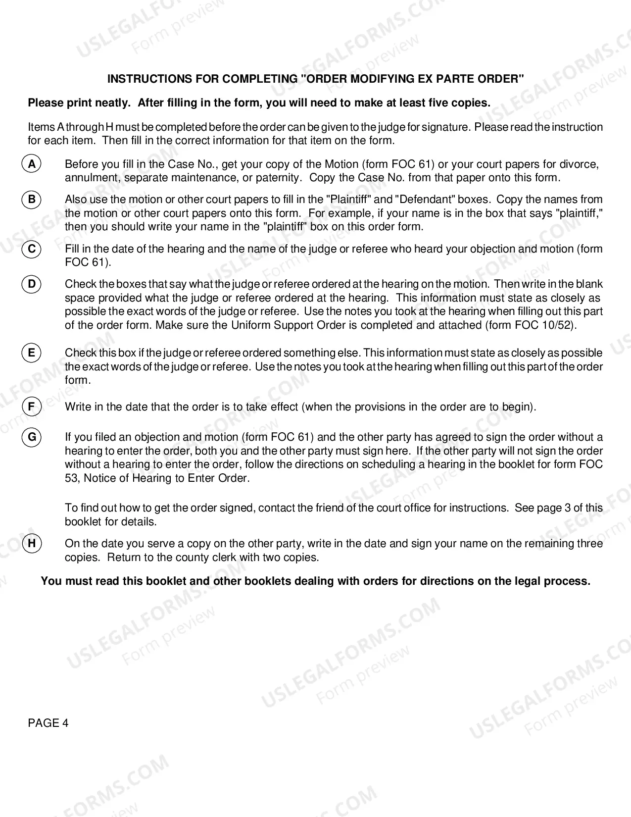 Preview Order Modifying Ex Parte Order with Instructions