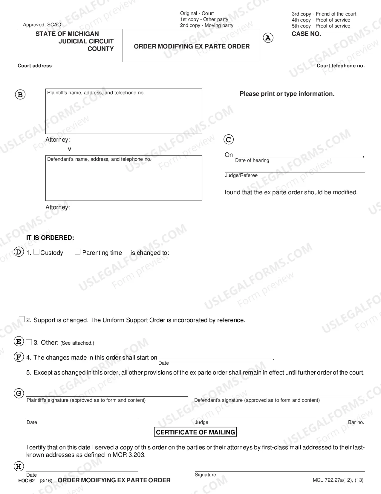Preview Order Modifying Ex Parte Order with Instructions