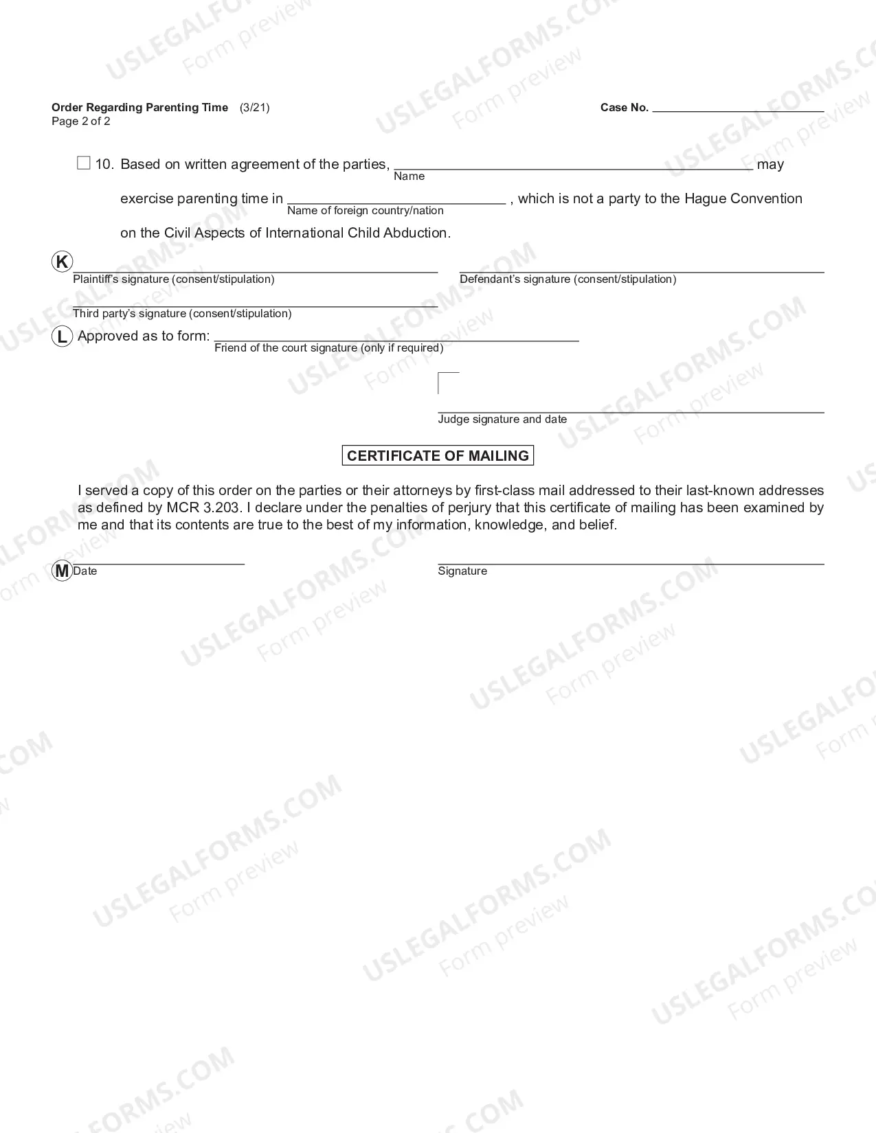 Preview Order Regarding Parenting Time