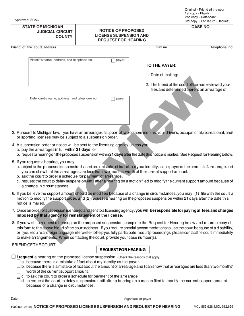 Michigan Notice of Proposed License Suspension and Request for Hearing ...