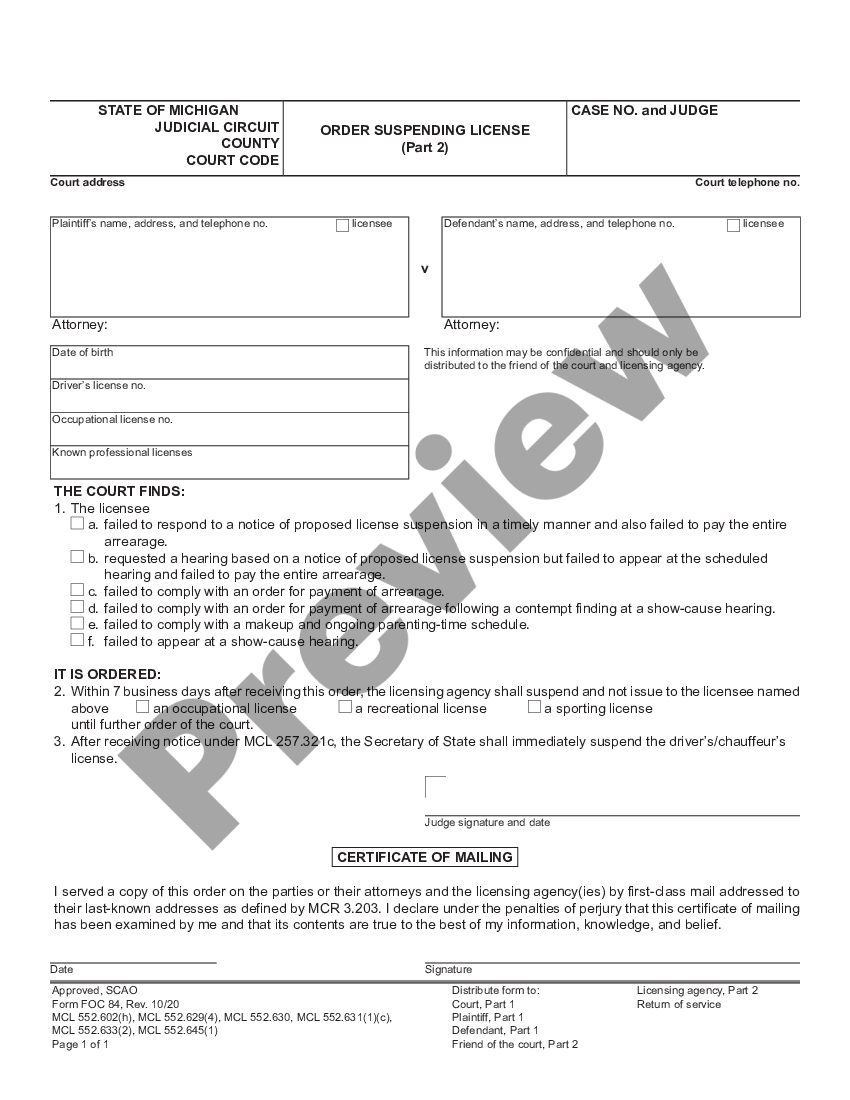 Michigan Order Suspending License US Legal Forms