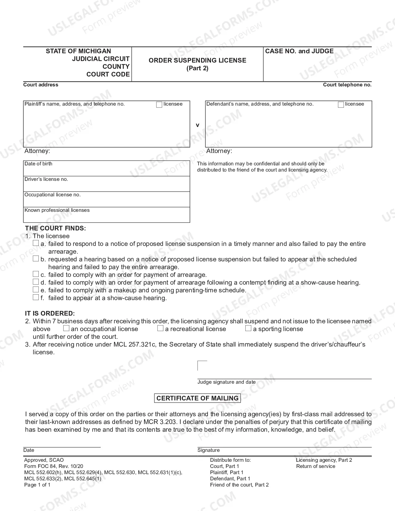 Preview Order Suspending License (Child Support Or Parenting Time)