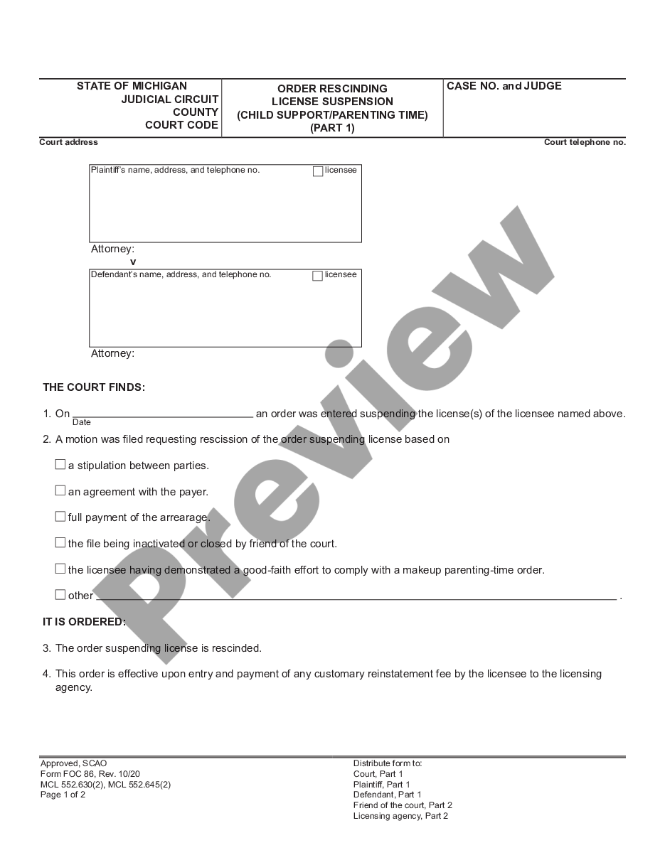 page 0 Order Rescinding License Suspension - Child Support - Parenting Time preview