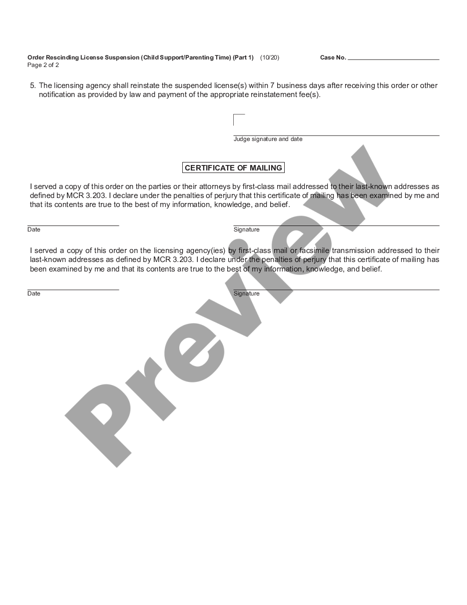 page 1 Order Rescinding License Suspension - Child Support - Parenting Time preview