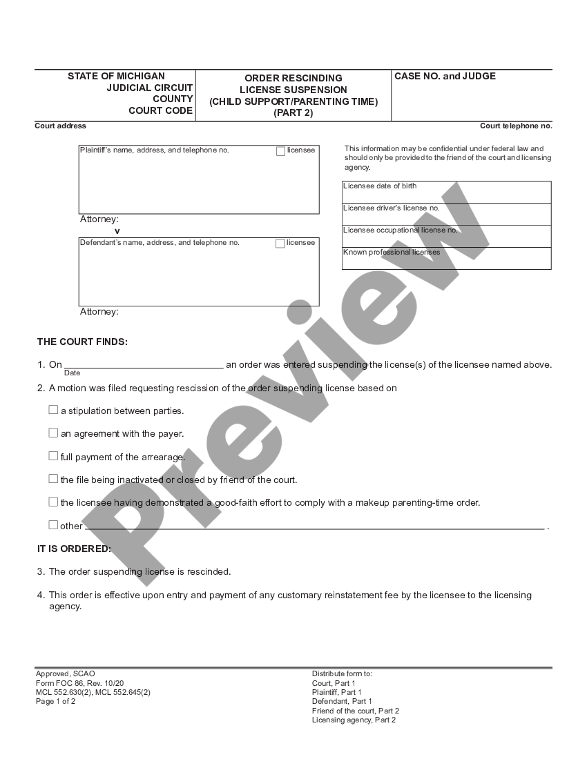 page 2 Order Rescinding License Suspension - Child Support - Parenting Time preview