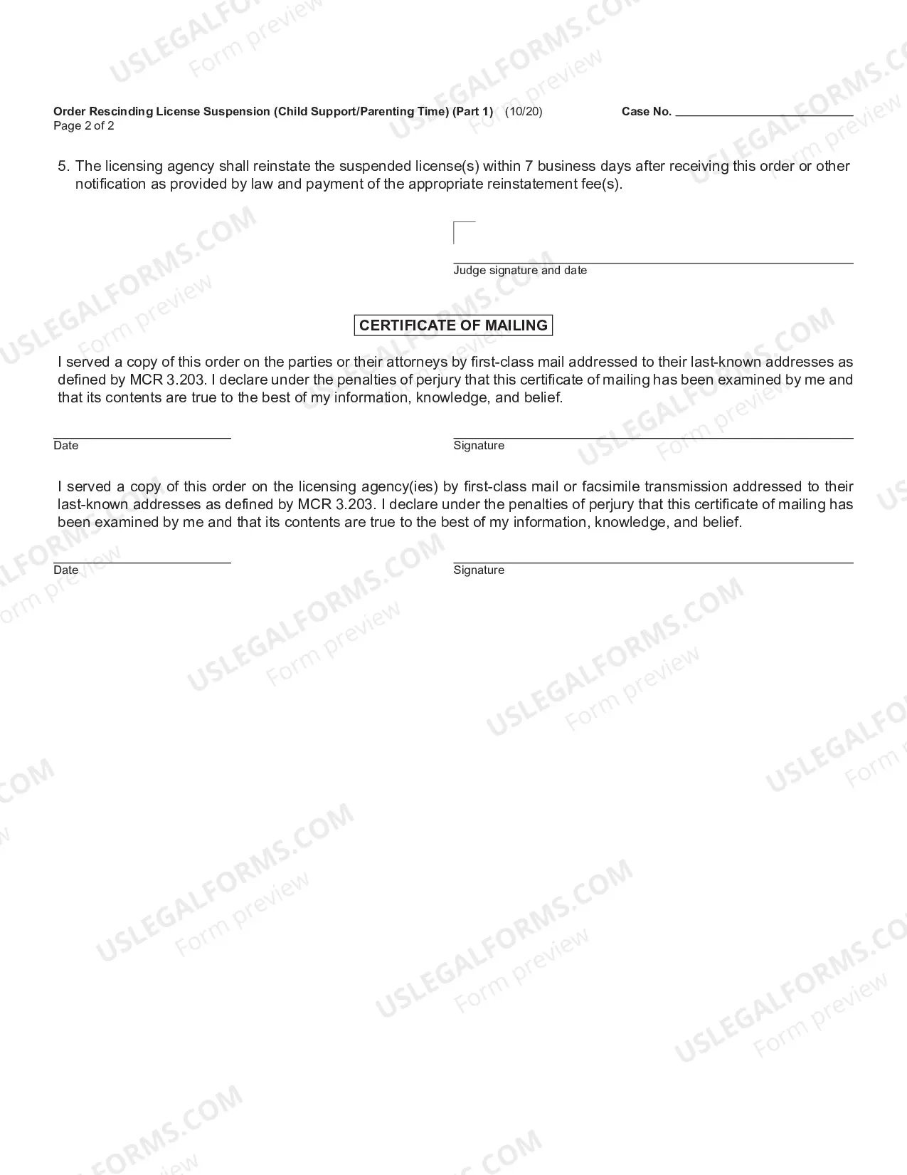 Preview Order Rescinding License Suspension (Child Support Or Parenting Time)