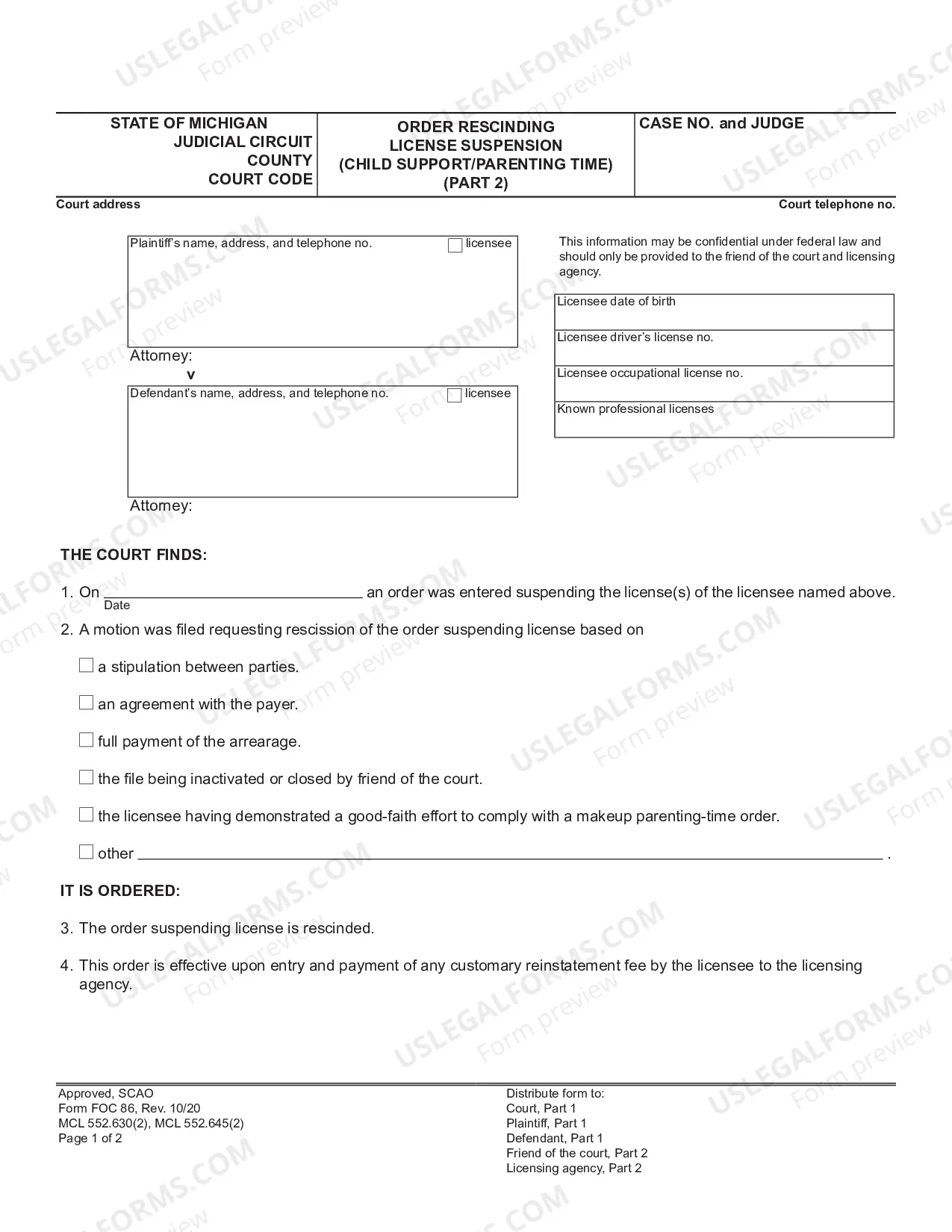 Preview Order Rescinding License Suspension (Child Support Or Parenting Time)