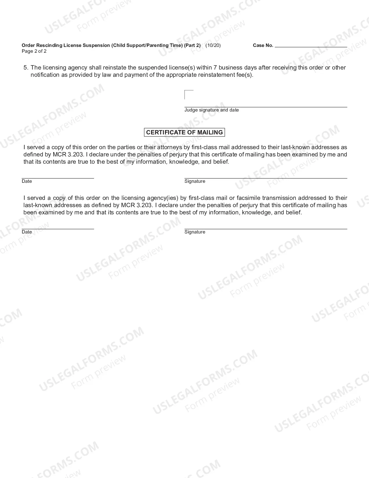 Preview Order Rescinding License Suspension (Child Support Or Parenting Time)