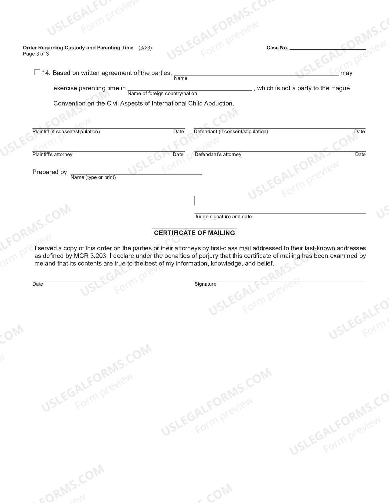 Preview Order Regarding Custody and Parenting Time ** MUST BE USED WITH FOC 10 or FOC 10a