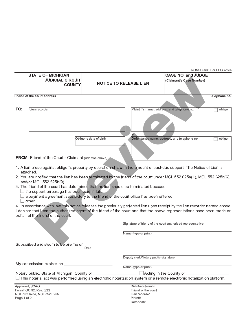 Michigan Notice To Release Lien Lien Release Letter For Car Us Legal Forms 7517