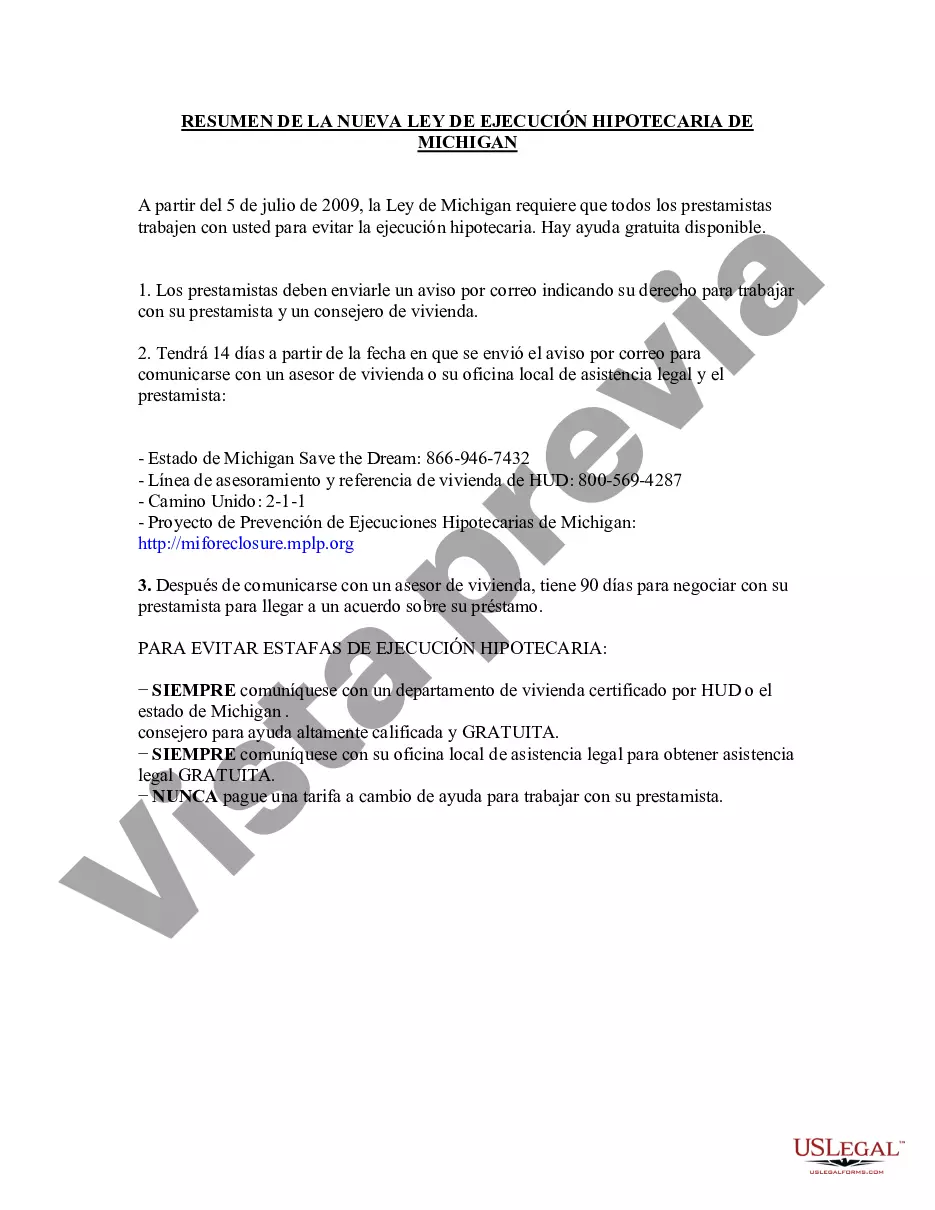 Preview Resumen de la ley de Michigan y los derechos de los inquilinos en ejecución hipotecaria