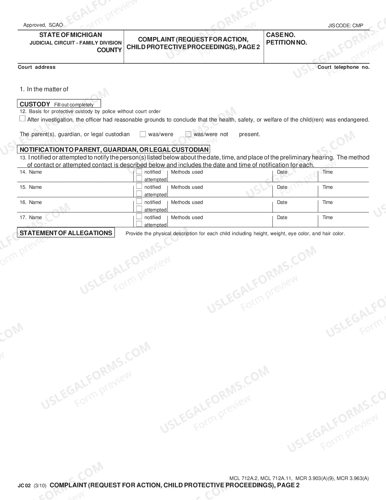 Preview Complaint - Request for Action - Child Protective Proceedings