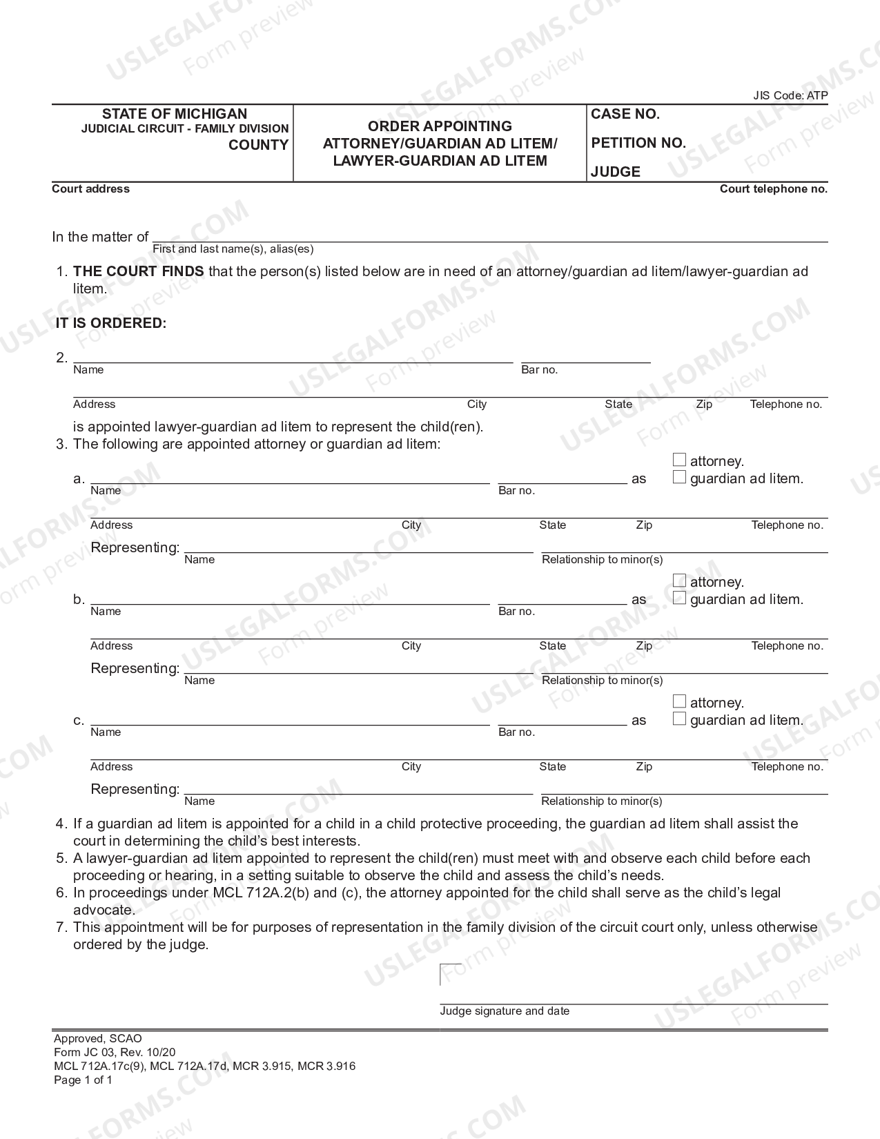 Michigan Order Appointing Attorney Guardian Ad Litem Lawyer