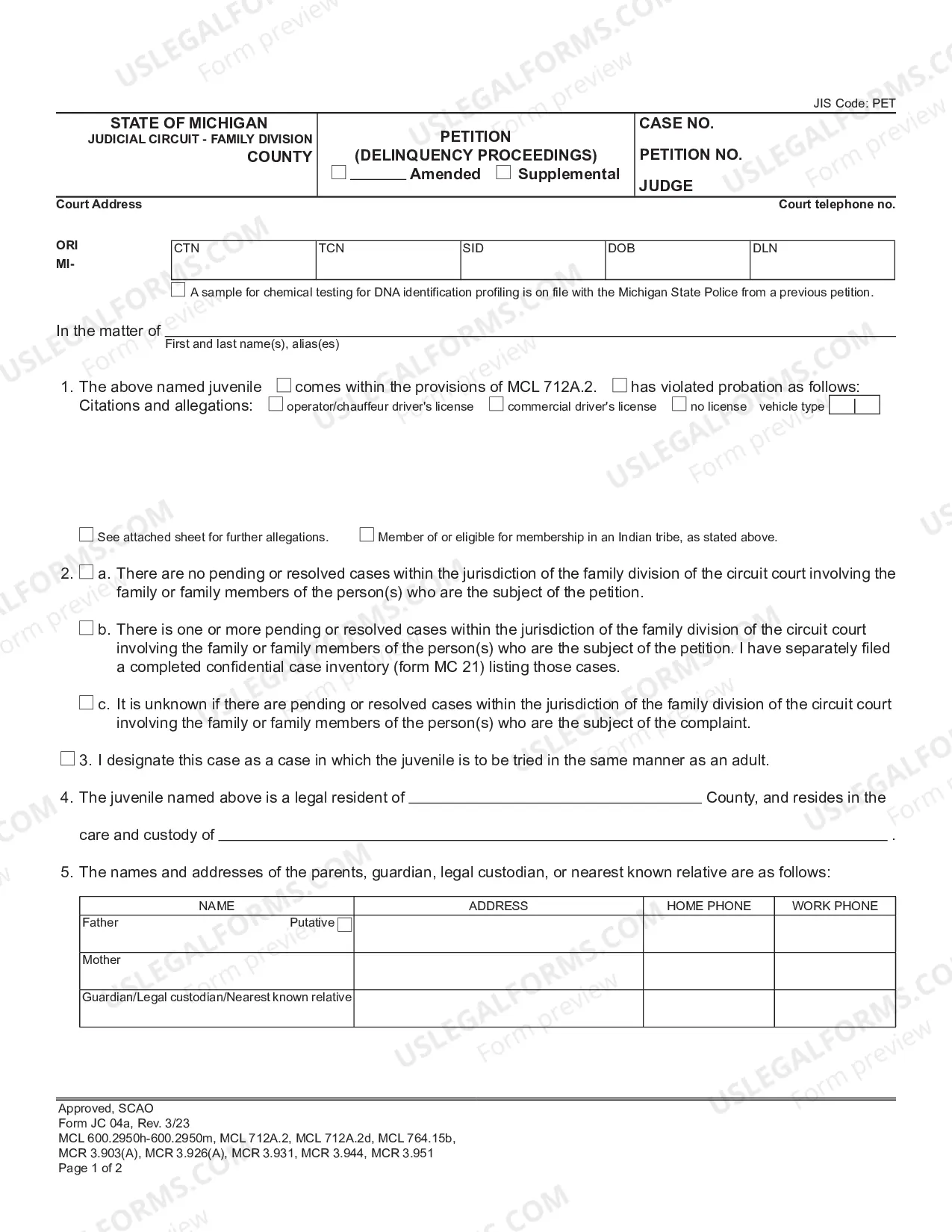 Preview Petition (Delinquency Proceedings)