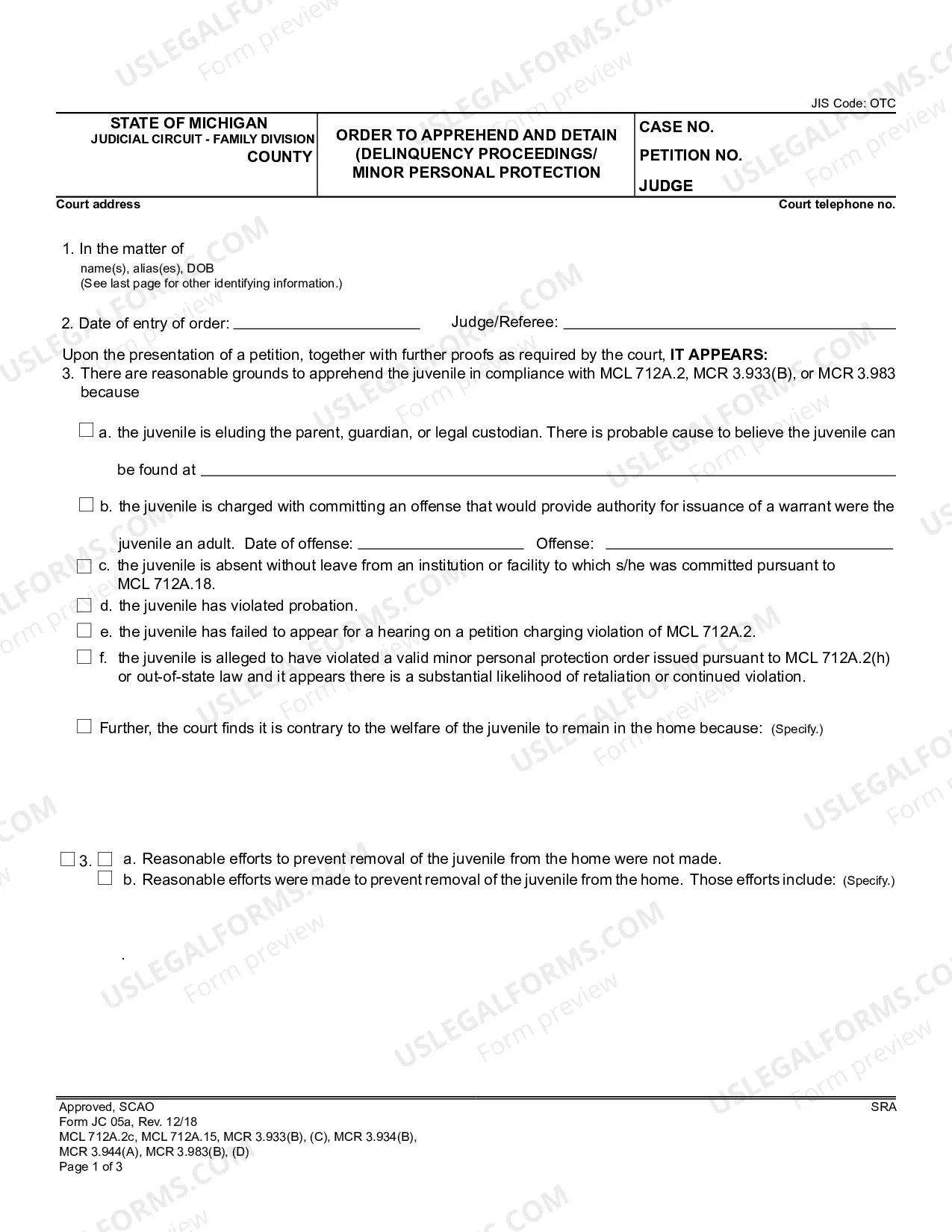 Preview Order To Apprehend And Detain (Delinquency Proceedings Or Minor Personal Protection)