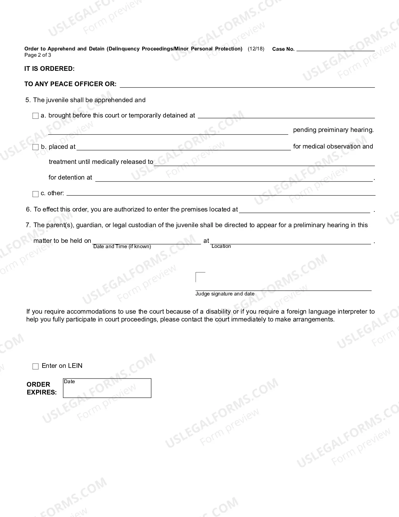 Preview Order To Apprehend And Detain (Delinquency Proceedings Or Minor Personal Protection)