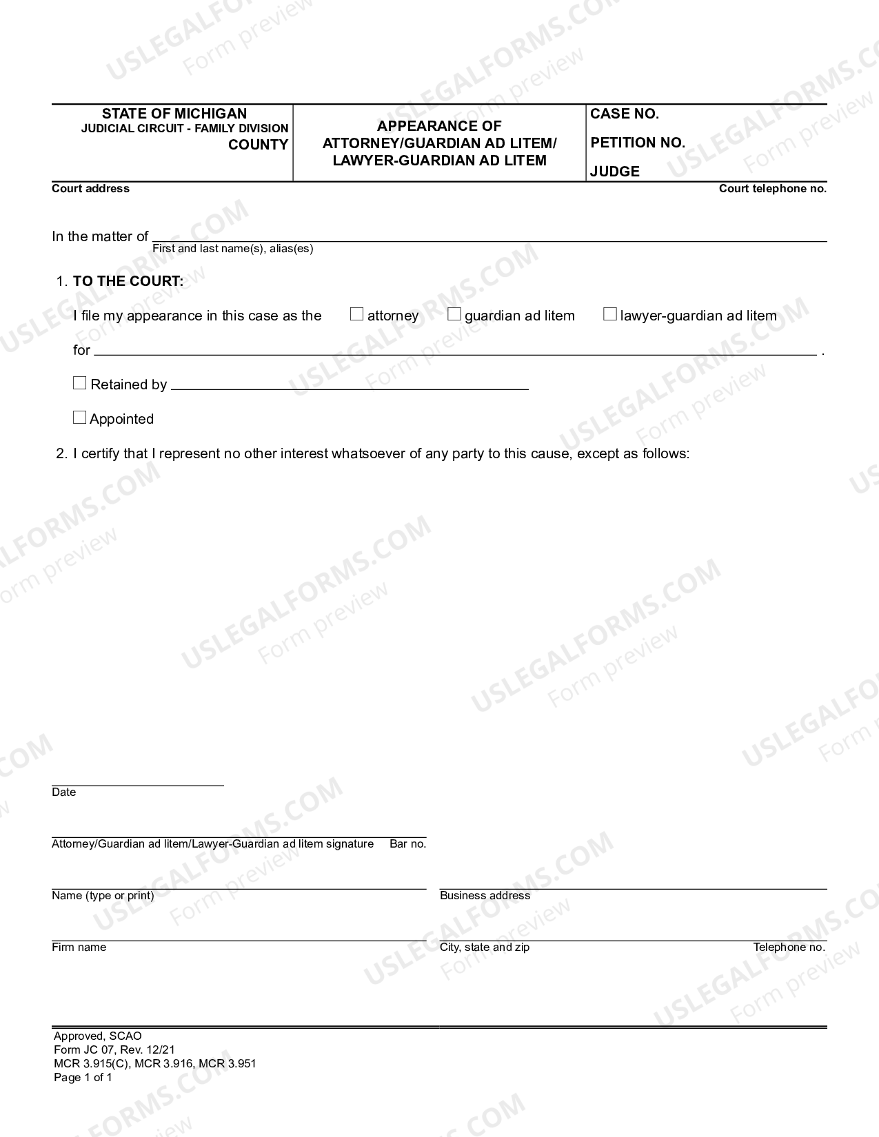 Michigan Appearance of Attorney Guardian Ad Litem Lawyer Guardian