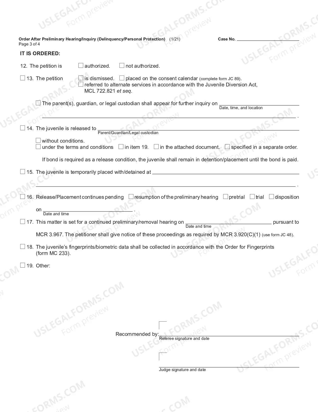 Preview Order After Preliminary Hearing Or Inquiry (Delinquency Or Personal Protection)