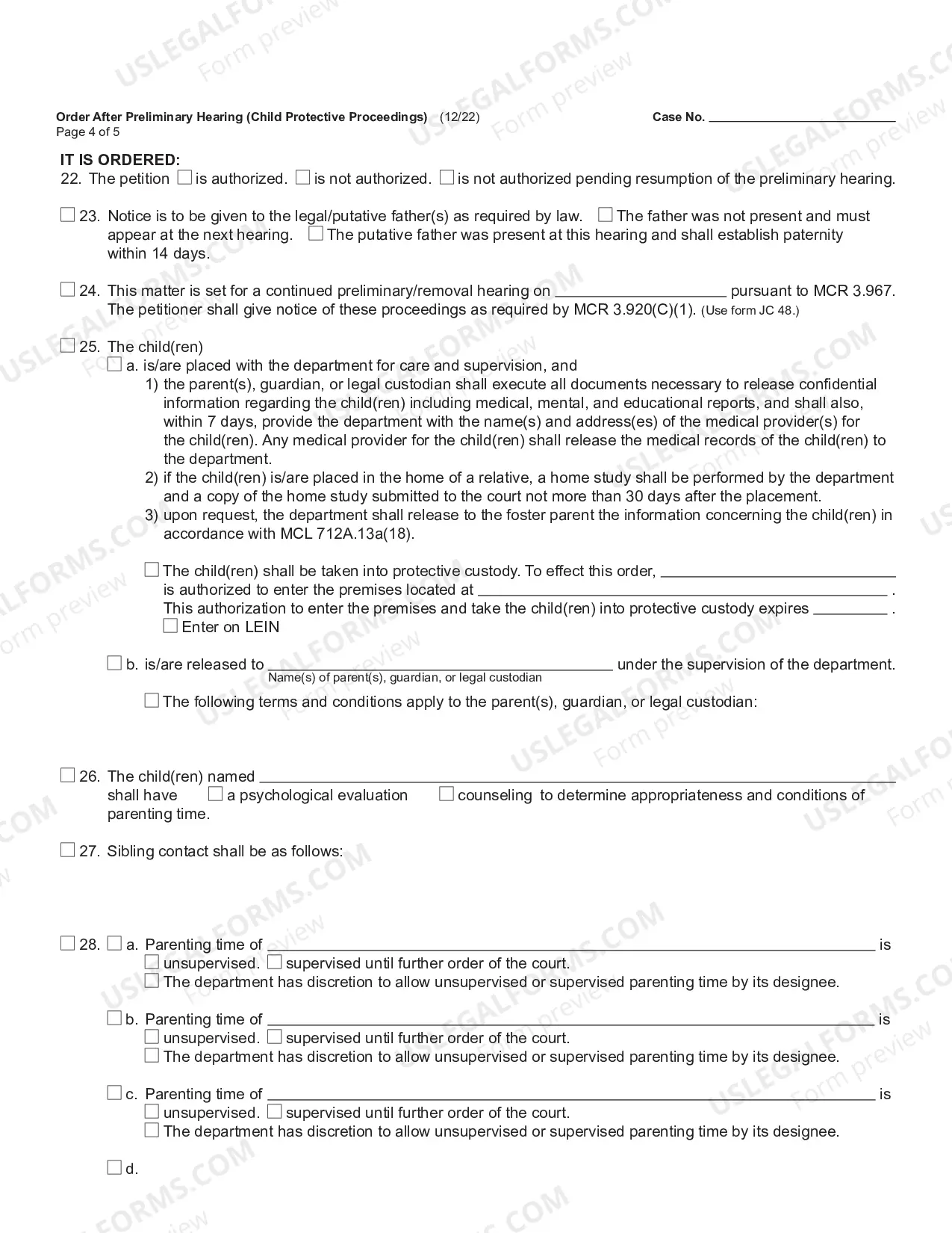 Preview Order After Preliminary Hearing - Inquiry, Child Removed From Home - Child Protective Proceedings