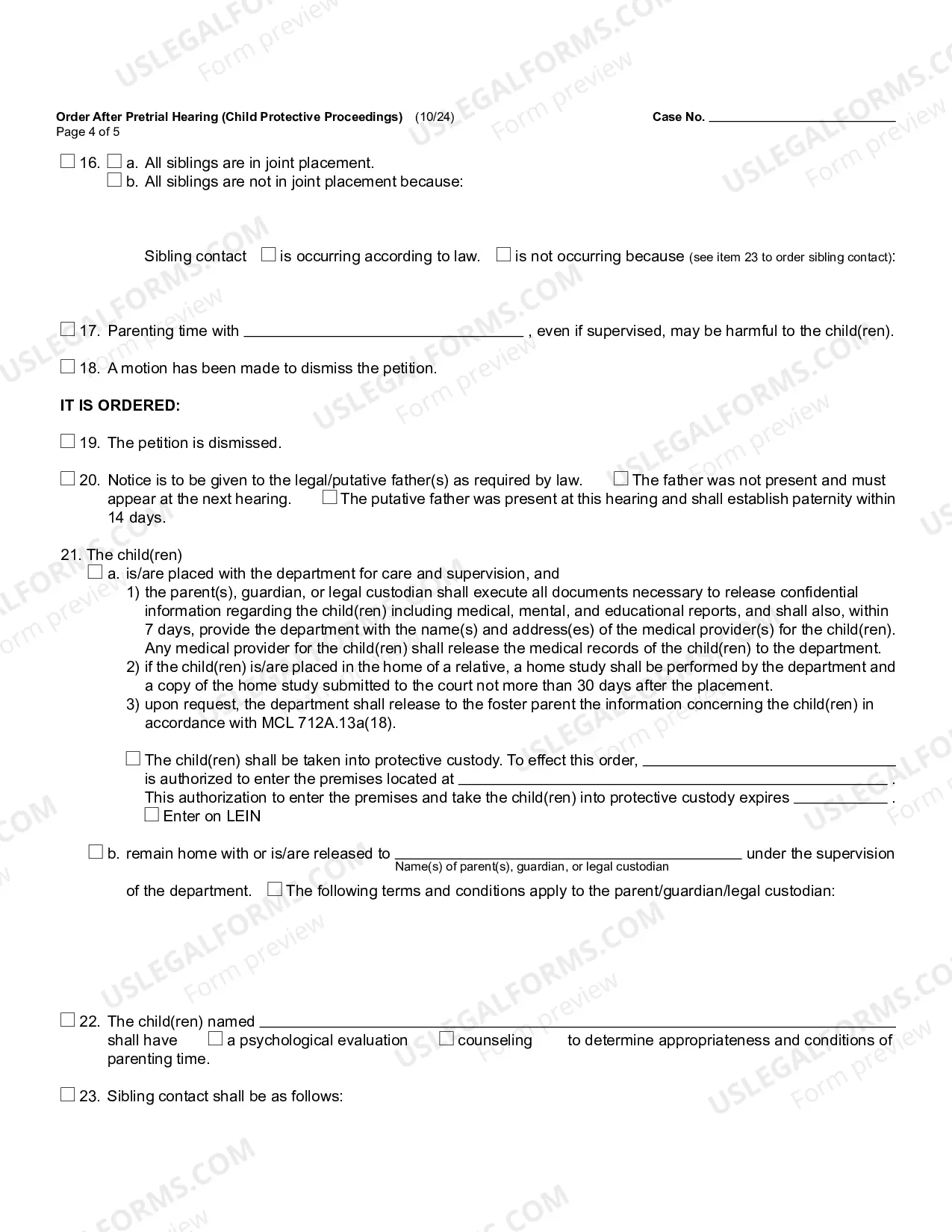 Preview Order After Pretrial Hearing (Child Protective Proceedings)
