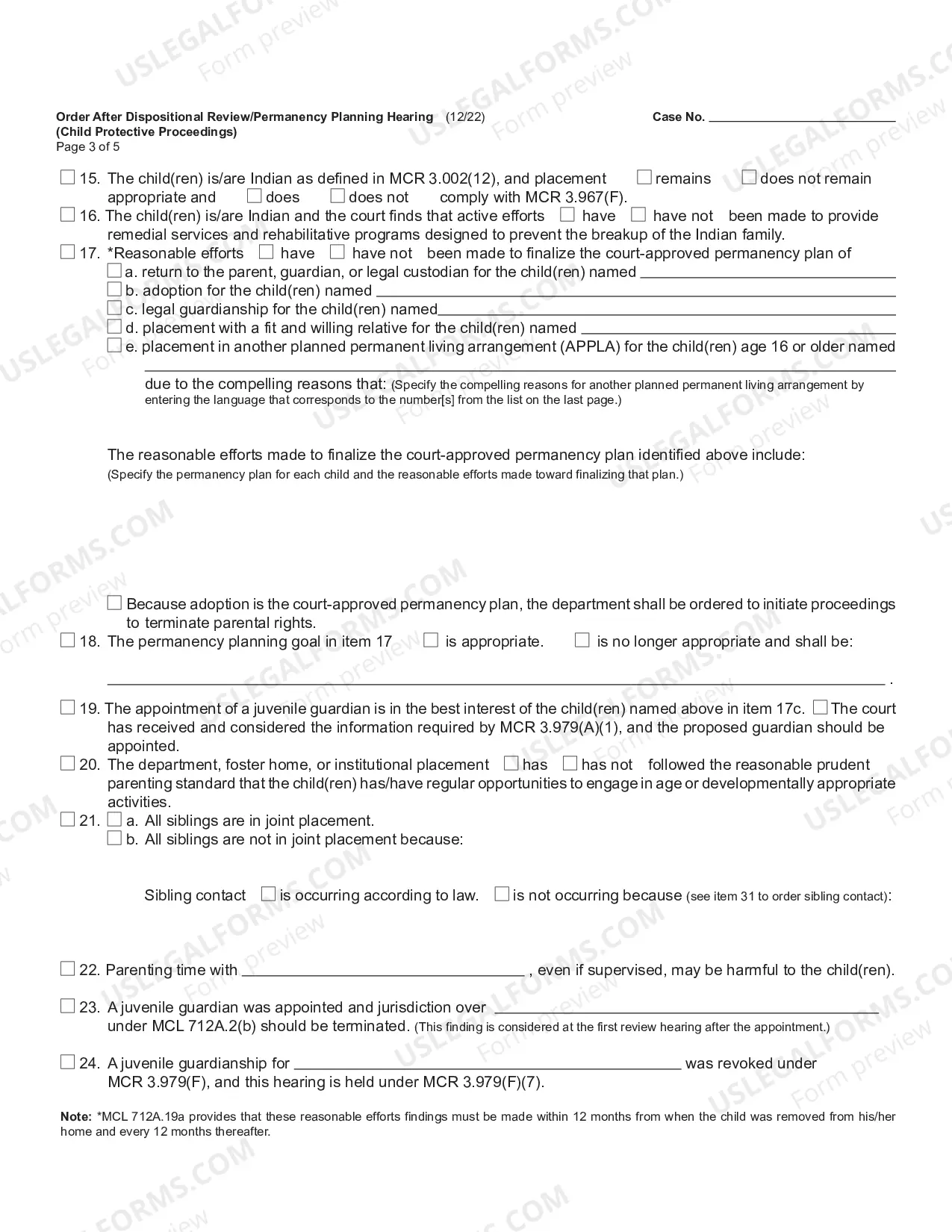 Preview Order After Dispositional Review Or Permanency Planning Hearing (Child Protective Proceedings)