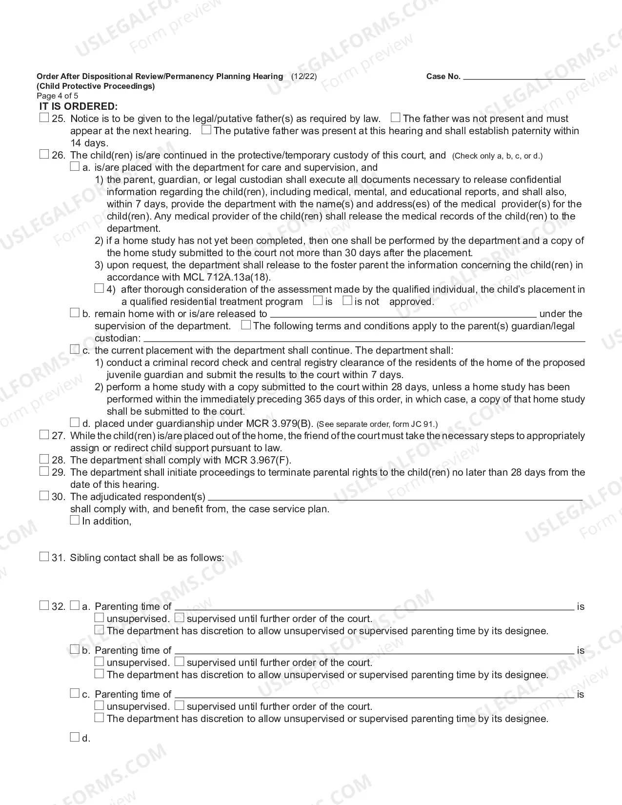 Preview Order After Dispositional Review Or Permanency Planning Hearing (Child Protective Proceedings)