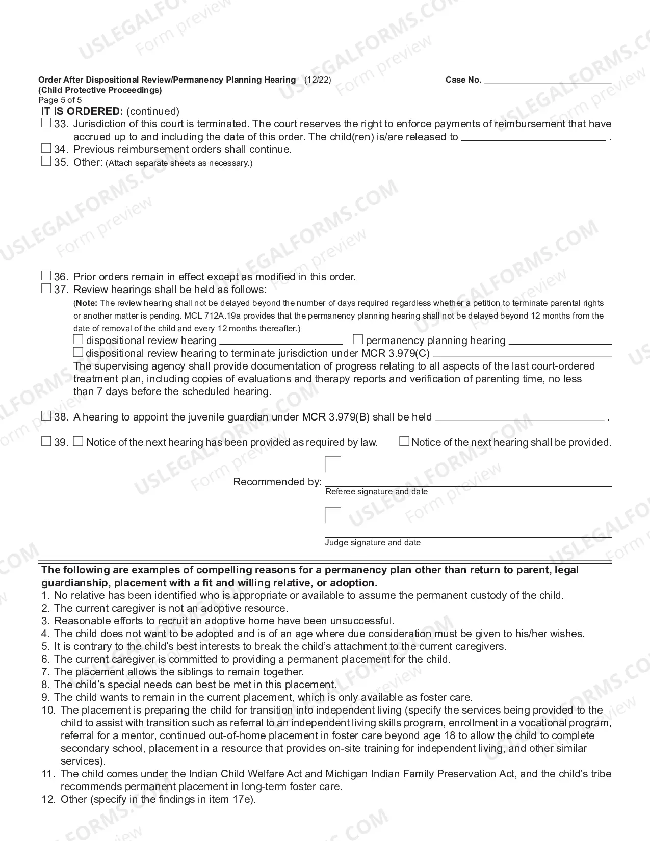 Preview Order After Dispositional Review Or Permanency Planning Hearing (Child Protective Proceedings)