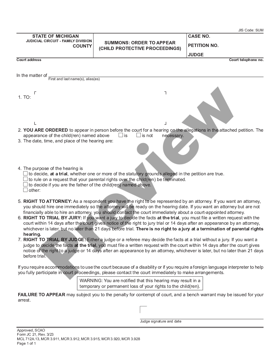 page 0 Summons - Order to Appear - Child Protective Proceeding preview