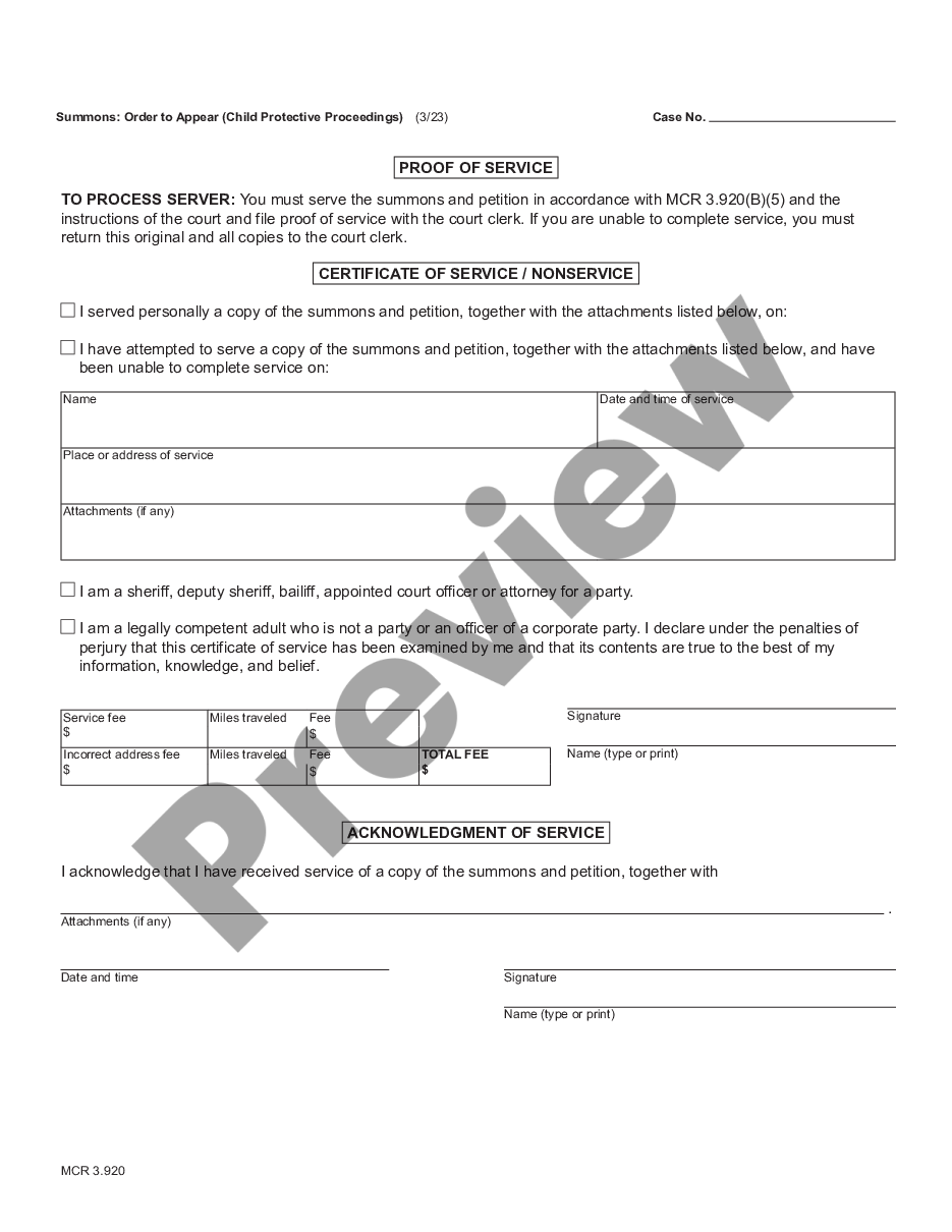 page 1 Summons - Order to Appear - Child Protective Proceeding preview