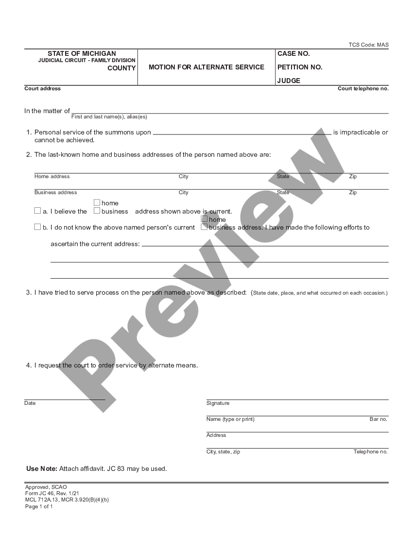 Michigan Motion for Alternate Service US Legal Forms