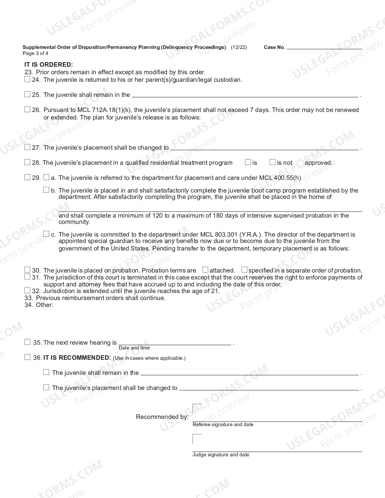 Preview Supplemental Order of Disposition (Delinquency Proceedings)