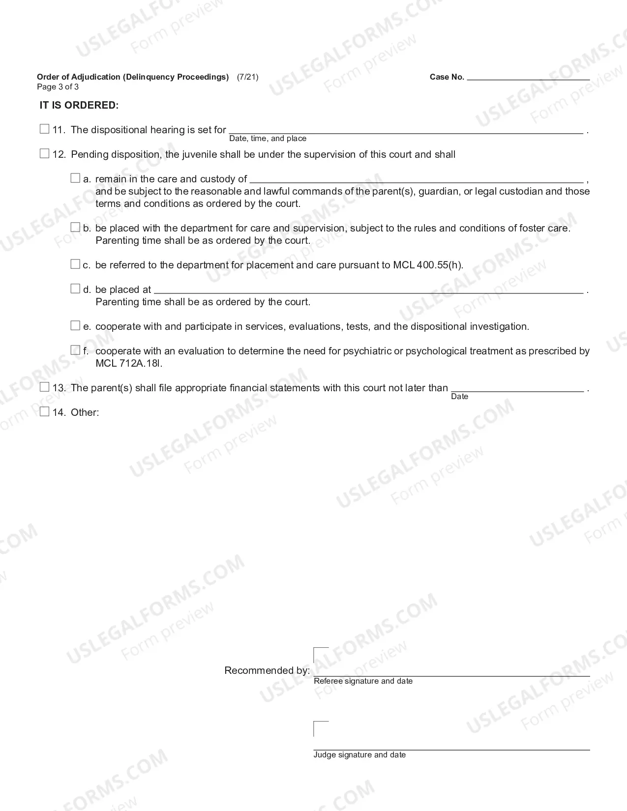 Preview Order of Adjudication (Delinquency Proceedings)