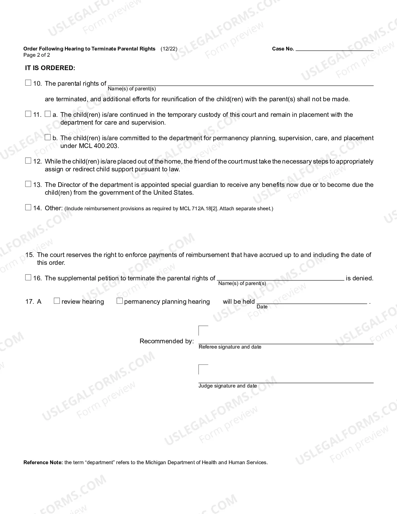 Preview Order Following Hearing To Terminate Parental Rights