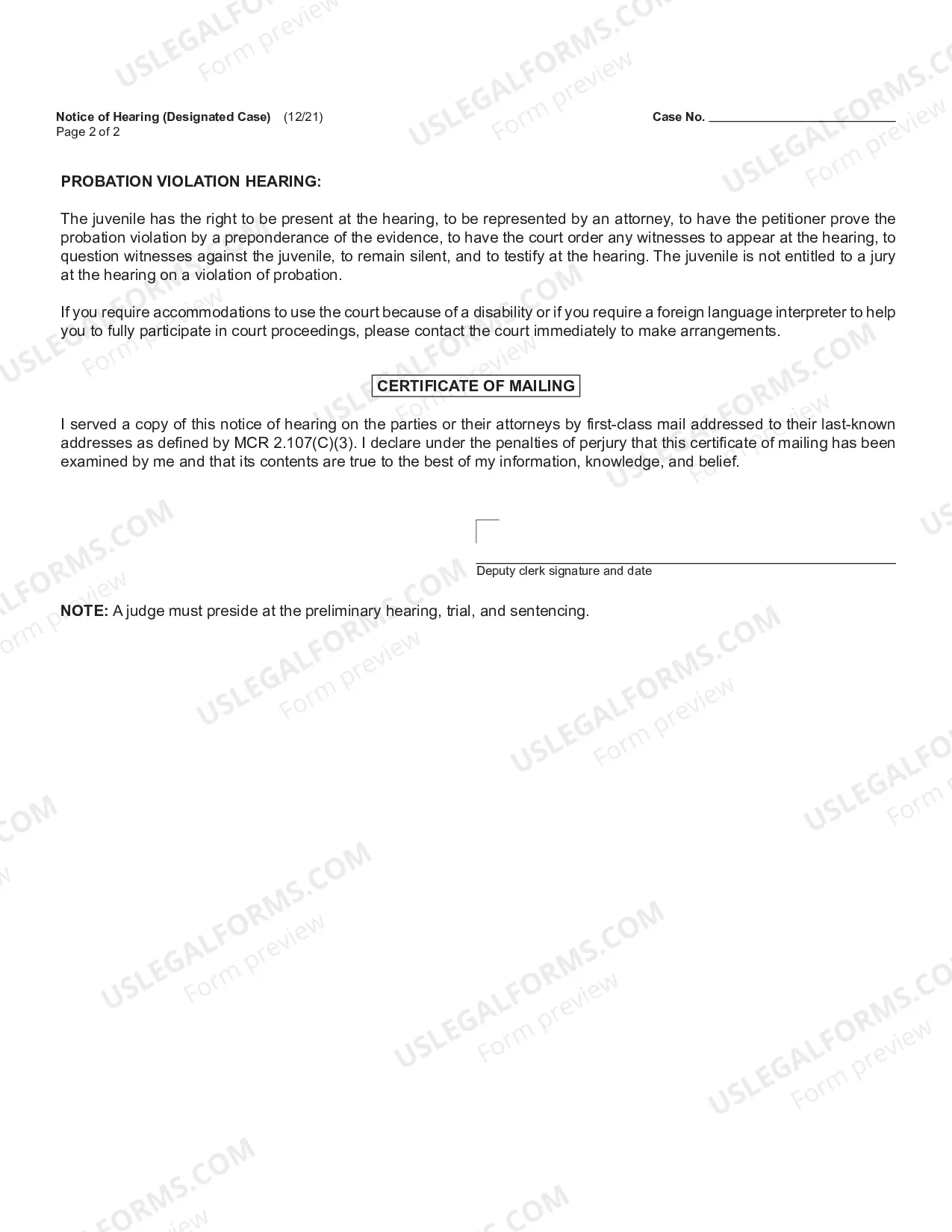 Preview Notice of Hearing - Designated Case