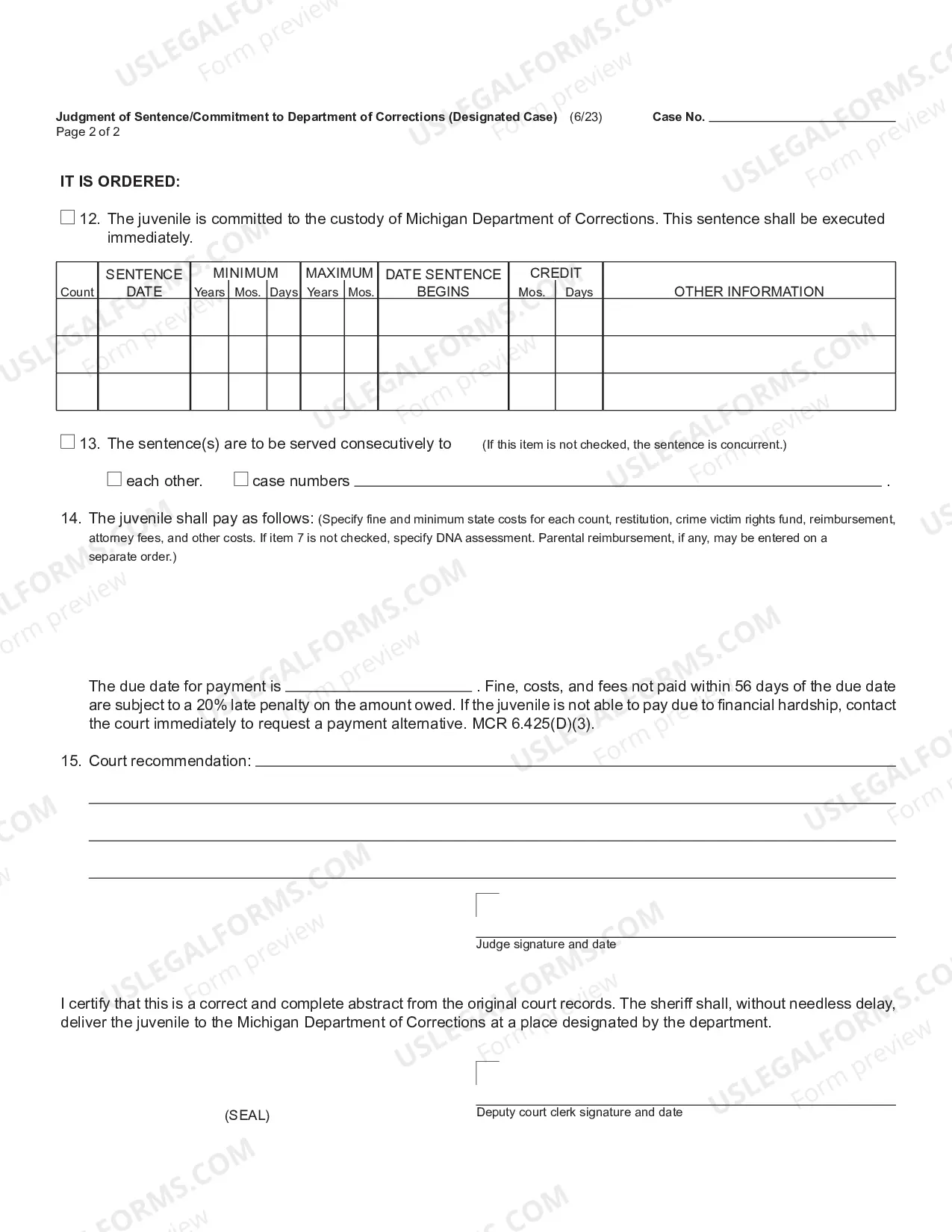 Preview Judgment of Sentence Commitment To Department of Corrections (Designated Case)