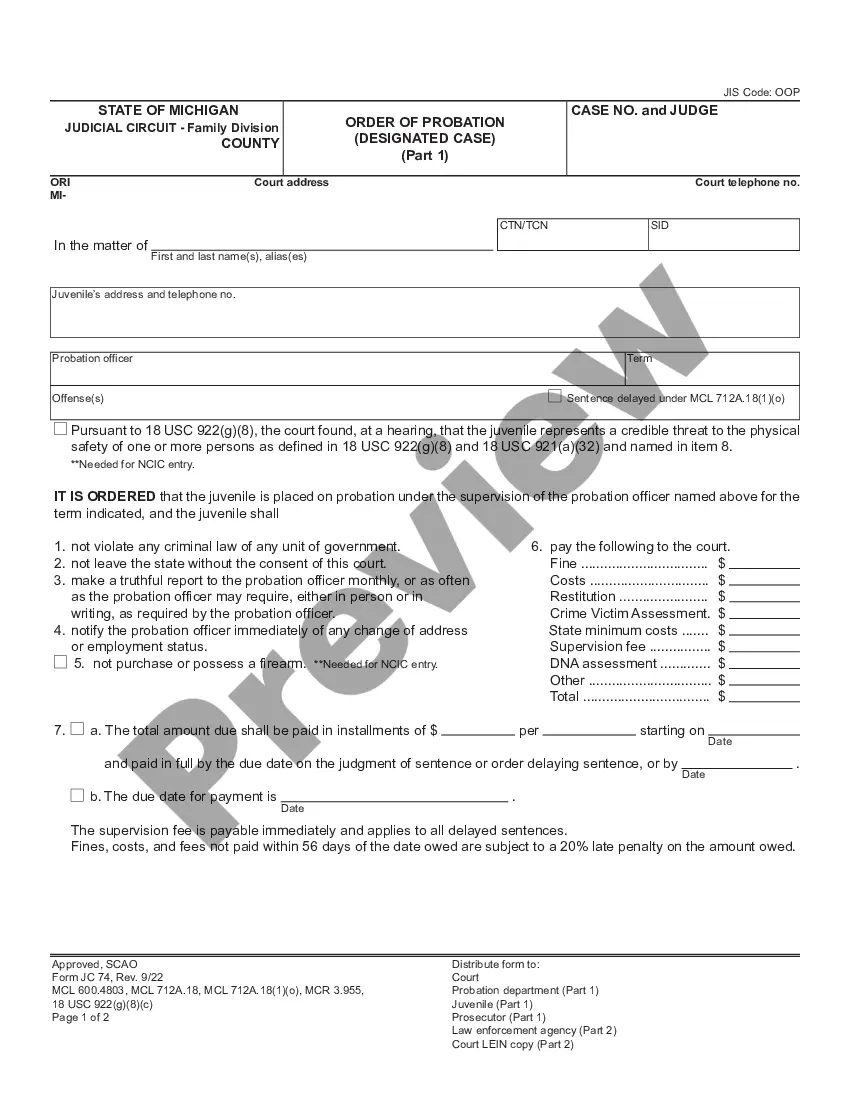 Michigan Order of Probation - Designated Case | US Legal Forms