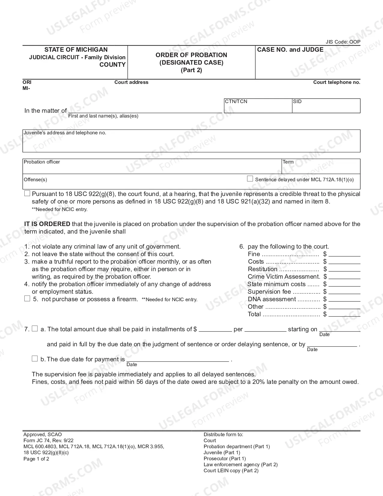 Preview Order of Probation (Designated Case)