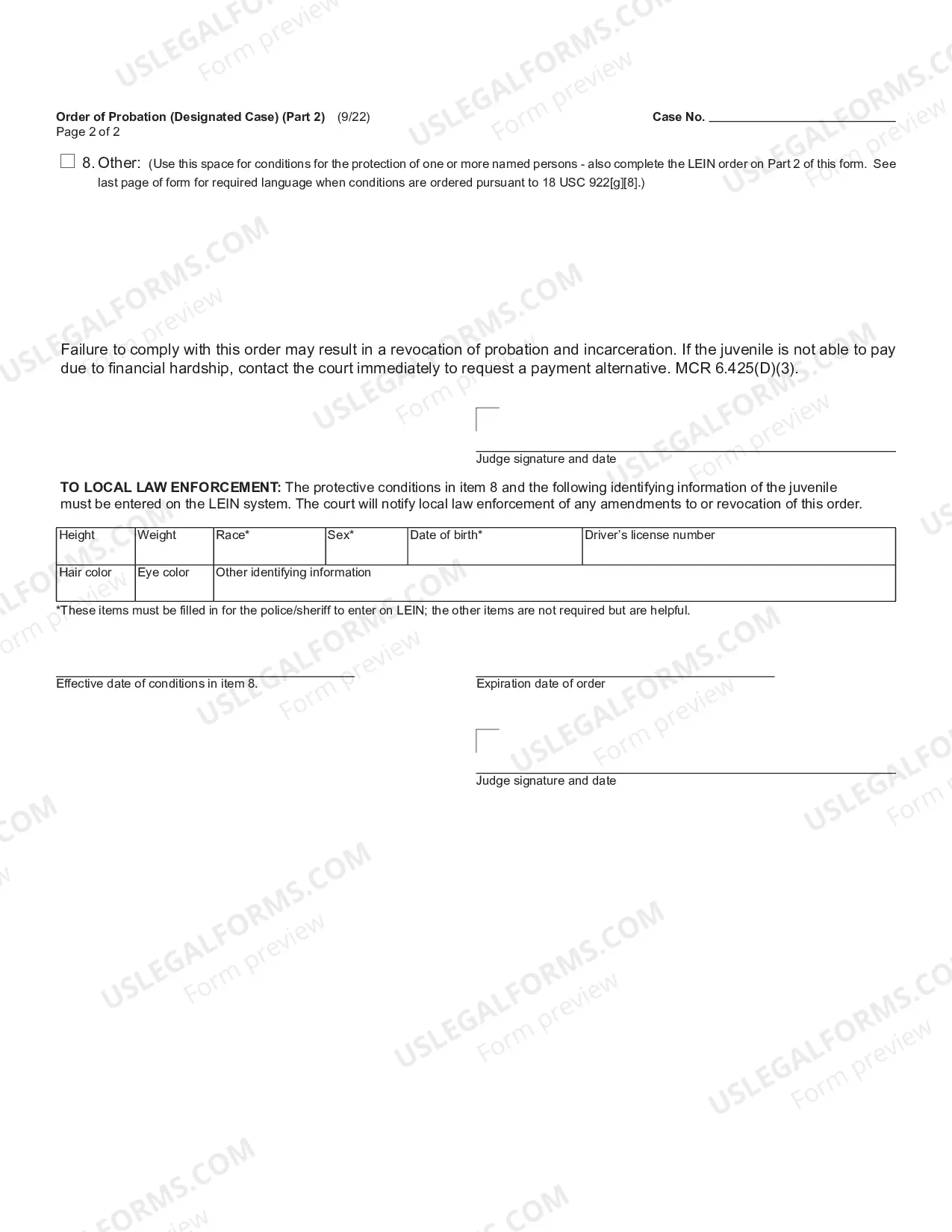 Preview Order of Probation (Designated Case)