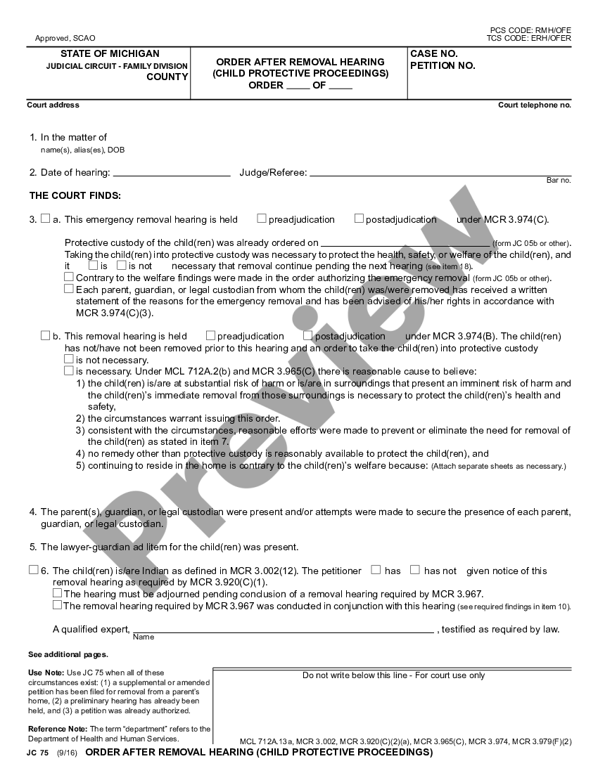 page 0 Order Following Emergency Removal Hearing - Child Protective Proceedings preview