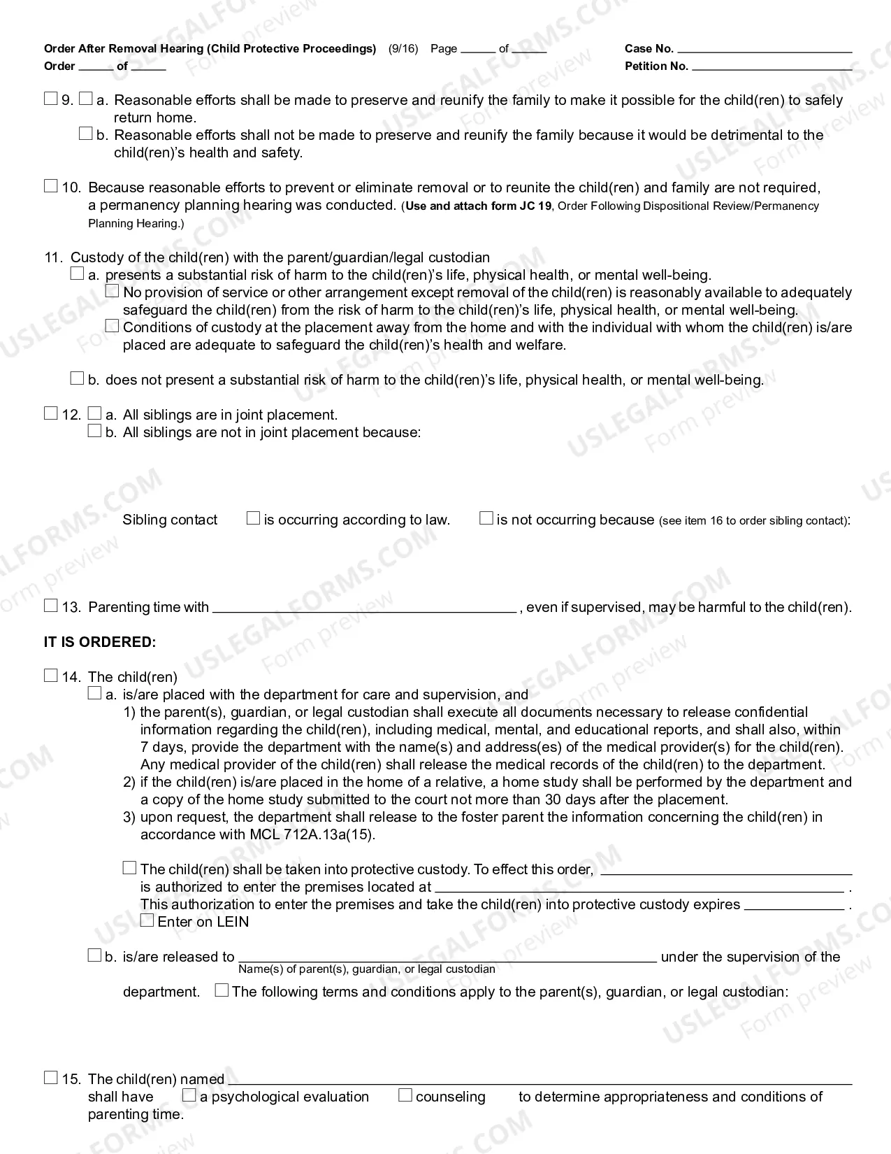 Preview Order After Removal Hearing (Child Protective Proceedings)