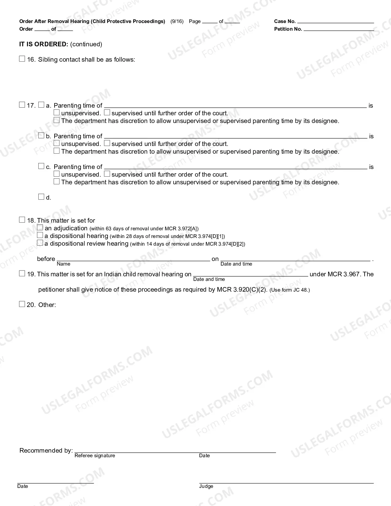 Preview Order After Removal Hearing (Child Protective Proceedings)